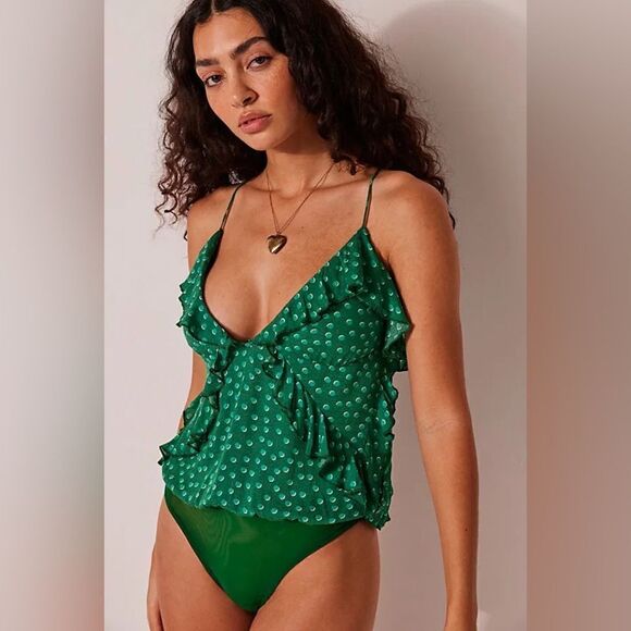 NWT Free People Bella Babe Bodysuit Green Polka Dot Ruffle - Picture 2 of 5